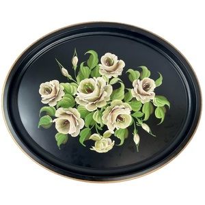 Pilgrim Art Vintage Tole Tray Black Gold Hand-Painted White Floral 24-Inch Oval
